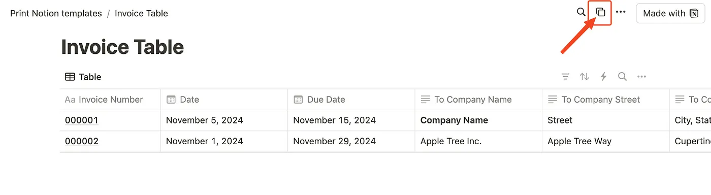 Duplicate the Invoice table template