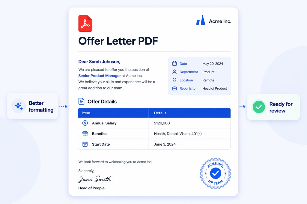 Client-ready PDF result with cleaner sections, table layout, and spacing
