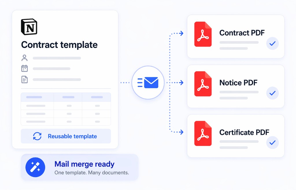One Notion template generating multiple ready PDF files with mail merge