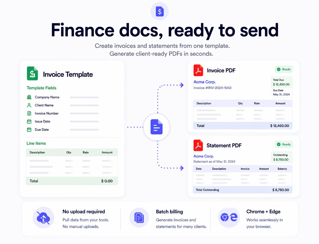 Invoice template turned into invoice and statement PDFs with Print Notion