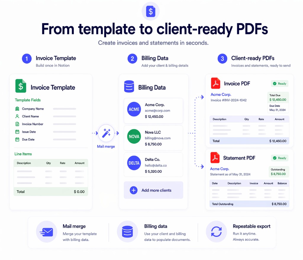 Invoice template and billing data exported to client-ready PDFs with Print Notion