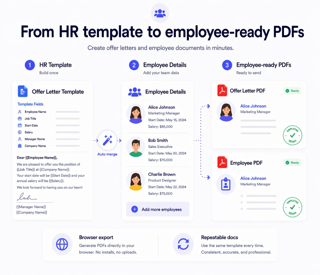 HR template and employee details turned into employee-ready PDFs with Print Notion