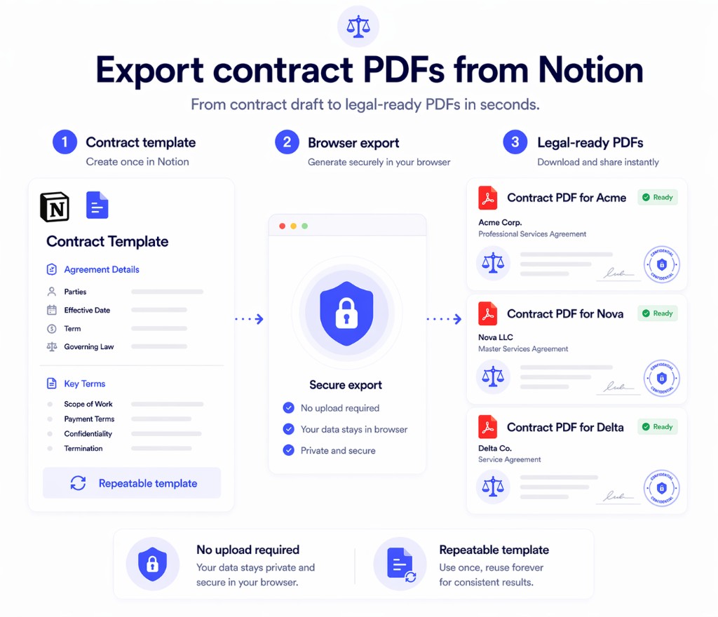Contract draft in Notion exported through the browser to a clean contract PDF