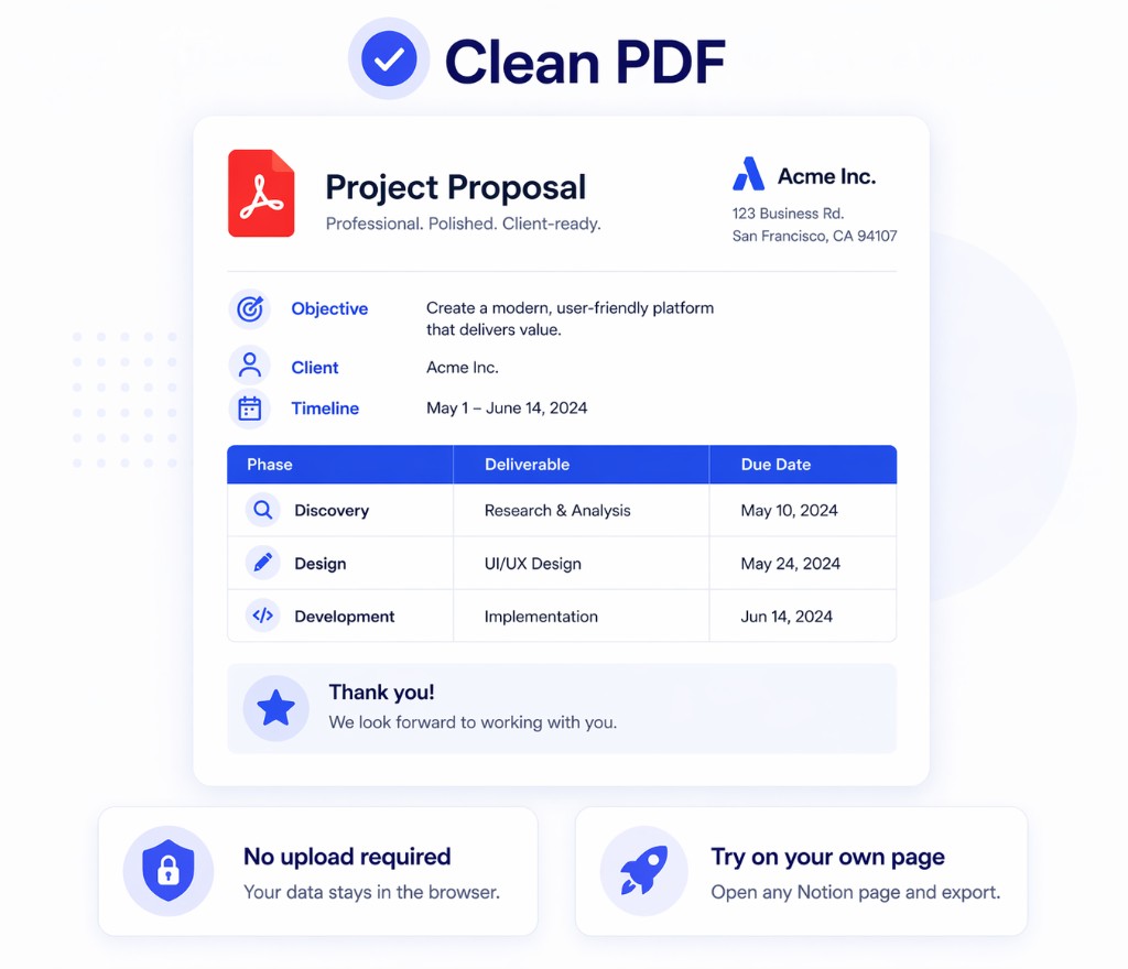 Clean PDF result from a Notion page ready to try with Print Notion