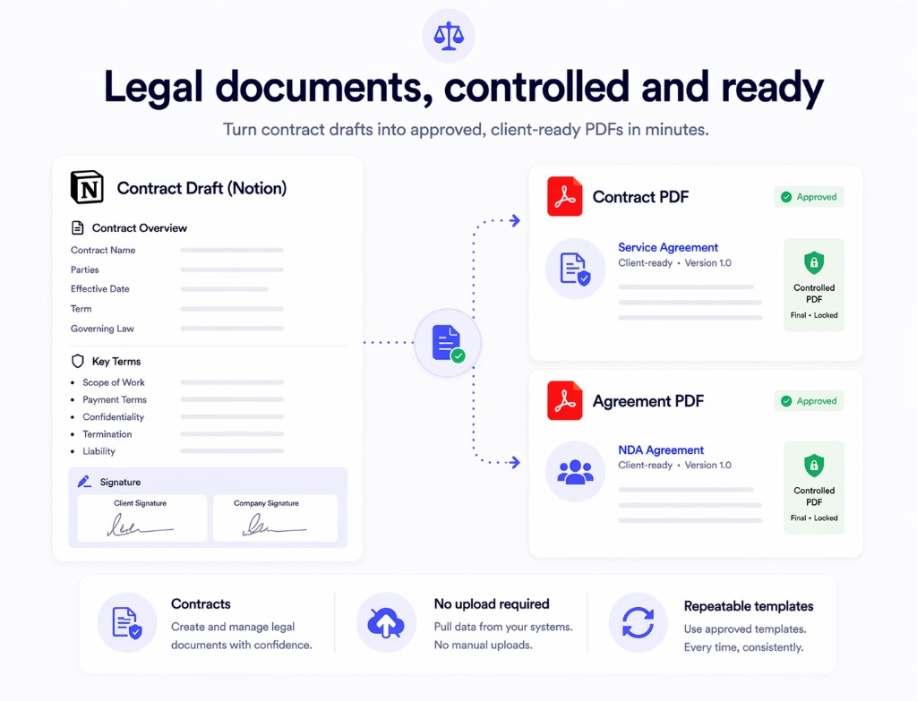 Contract draft turned into contract and agreement PDFs with Print Notion
