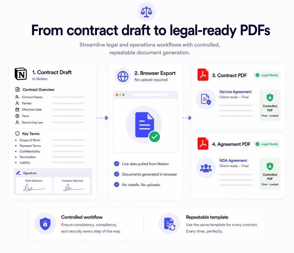 Contract draft exported through the browser to a legal-ready PDF with Print Notion